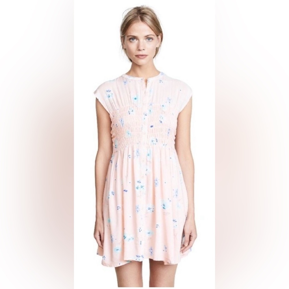 Free People Cap Sleeve Greatest Day Smocked Waist Summer Dress Pink Blue Floral